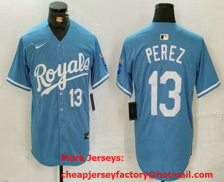 Men's Kansas City Royals #13 Salvador Perez Number Light Blue Cool Base Stitched Jersey