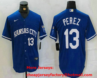 Men's Kansas City Royals #13 Salvador Perez Number Royal Cool Base Stitched Jersey