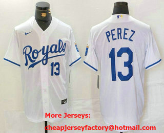 Men's Kansas City Royals #13 Salvador Perez Number White Cool Base Stitched Jersey