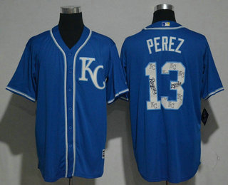 Men's Kansas City Royals #13 Salvador Perez Royal Blue Team Logo Ornamented Stitched MLB Cool Base Jersey