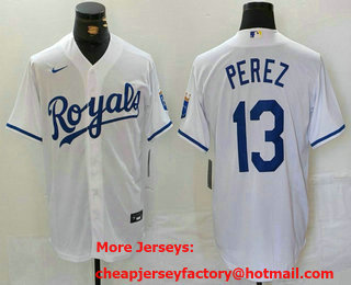 Men's Kansas City Royals #13 Salvador Perez White Cool Base Stitched Jersey