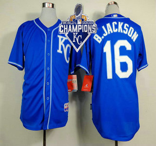 Men's Kansas City Royals #16 Bo Jackson 2014 Blue Cool Base Jersey With 2015 World Series Champions Patch