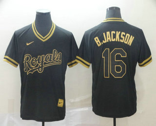 Men's Kansas City Royals #16 Bo Jackson Black Gold Nike Cooperstown Legend V Neck Jersey