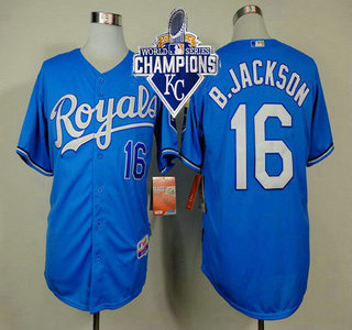 Men's Kansas City Royals #16 Bo Jackson Light Blue Cool Base Jersey With 2015 World Series Champions Patch