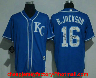 Men's Kansas City Royals #16 Bo Jackson Retired Royal Blue Team Logo Ornamented Stitched MLB Cool Base Jersey
