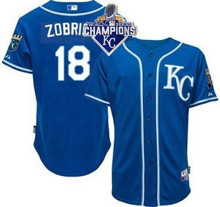 Men's Kansas City Royals #18 Ben Zobrist Alternate Blue KC MLB Cool Base Jersey With 2015 World Series Champions Patch
