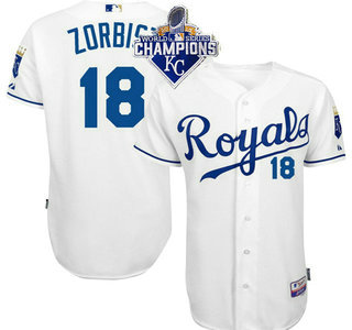 Men's Kansas City Royals #18 Ben Zobrist Home White MLB Cool Base Jersey With 2015 World Series Champions Patch