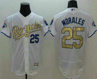 Men's Kansas City Royals #25 Kendrys Morales White World Series Champions Gold Program FlexBase Player Jersey