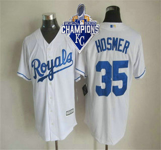 Men's Kansas City Royals #35 Eric Hosmer Home White 2015 MLB Cool Base Jersey With 2015 World Series Champions Patch