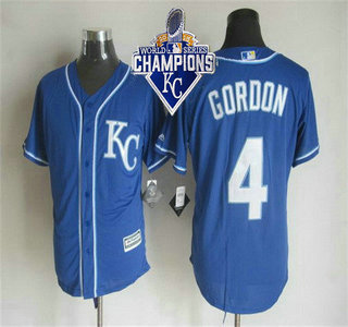 Men's Kansas City Royals #4 Alex Gordon Alternate Blue KC 2015 MLB Cool Base Jersey With 2015 World Series Champions Patch