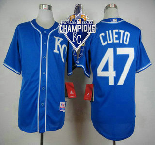 Men's Kansas City Royals #47 Johnny Cueto Alternate Blue 2014 MLB Cool Base Jersey With 2015 World Series Champions Patch