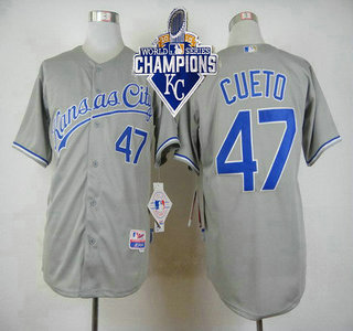 Men's Kansas City Royals #47 Johnny Cueto Away Gray MLB Cool Base Jersey With 2015 World Series Champions Patch