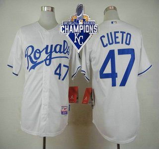 Men's Kansas City Royals #47 Johnny Cueto Home White MLB Cool Base Jersey With 2015 World Series Champions Patch