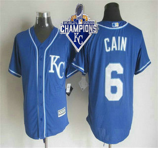 Men's Kansas City Royals #6 Lorenzo Cain Alternate Blue KC 2015 MLB Cool Base Jersey With 2015 World Series Champions Patch