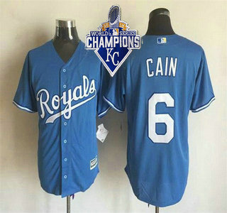 Men's Kansas City Royals #6 Lorenzo Cain Alternate Light Blue 2015 MLB Cool Base Jersey With 2015 World Series Champions Patch