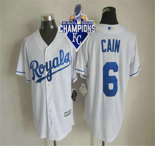 Men's Kansas City Royals #6 Lorenzo Cain Home White 2015 MLB Cool Base Jersey With 2015 World Series Champions Patch
