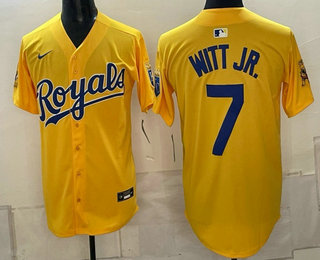 Men's Kansas City Royals #7 Bobby Witt Jr Gold Sluggerrr Patch Vapor Limited Stitched Jersey