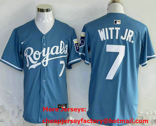 Men's Kansas City Royals #7 Bobby Witt Jr Number Light Blue Cool Base Stitched Jersey