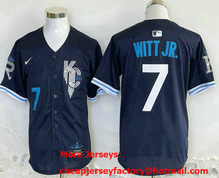 Men's Kansas City Royals #7 Bobby Witt Jr Number Navy Blue City Connect Cool Base Stitched Limited Jersey