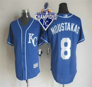 Men's Kansas City Royals #8 Mike Moustakas Alternate Blue KC 2015 MLB Cool Base Jersey With 2015 World Series Champions Patch
