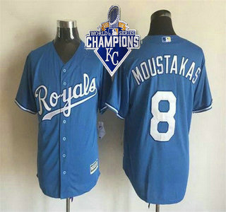 Men's Kansas City Royals #8 Mike Moustakas Alternate Light Blue 2015 MLB Cool Base Jersey With 2015 World Series Champions Patch