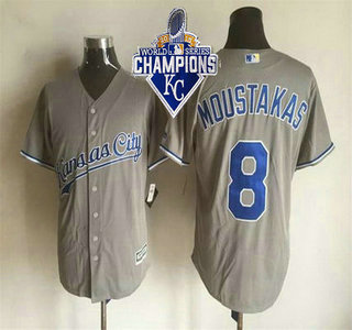 Men's Kansas City Royals #8 Mike Moustakas Gray Road 2015 MLB Cool Base Jersey With 2015 World Series Champions Patch