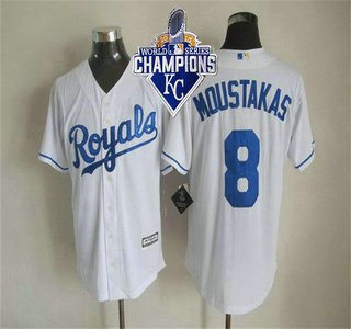 Men's Kansas City Royals #8 Mike Moustakas Home White 2015 MLB Cool Base Jersey With 2015 World Series Champions Patch