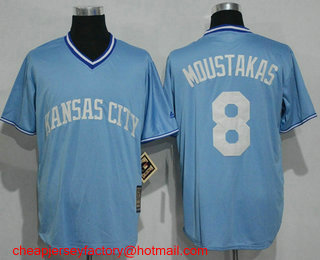 Men's Kansas City Royals #8 Mike Moustakas Light Blue Pullover Cool Base Cooperstown Collection Jersey