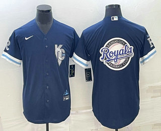 Men's Kansas City Royals Big Logo 2022 Navy Blue City Connect Cool Base Stitched Jersey 01