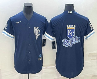 Men's Kansas City Royals Big Logo 2022 Navy Blue City Connect Cool Base Stitched Jersey 02