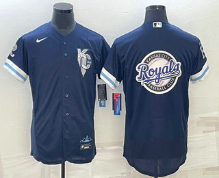 Men's Kansas City Royals Big Logo 2022 Navy Blue City Connect Flex Base Stitched Jersey 01