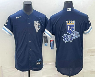 Men's Kansas City Royals Big Logo 2022 Navy Blue City Connect Flex Base Stitched Jersey 02