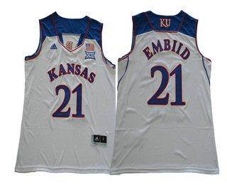 Men's Kansas Jayhawks #21 Joel Embiid White College Basketball Swingman Stitched NCAA Jersey