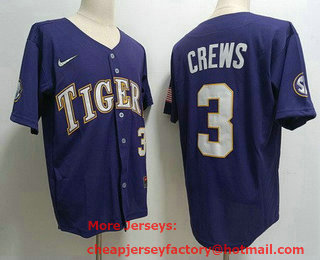 Men's LSU Tigers #3 Dylan Crews Purple College Baseball Jersey