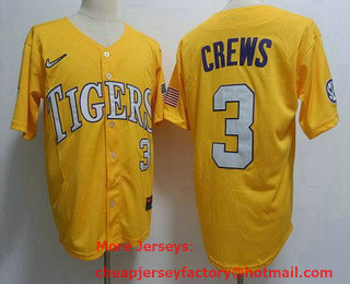 Men's LSU Tigers #3 Dylan Crews Yellow College Baseball Jersey