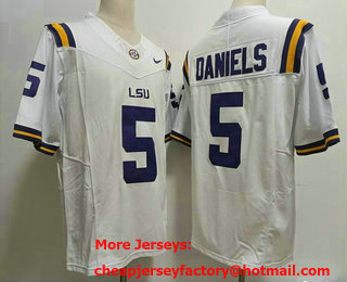 Men's LSU Tigers #5 Jayden Daniels White FUSE College Stitched Jersey
