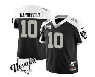 Men's Las Vegas Raiders #10 Jimmy Garoppolo Black White 2023 FUSE Nevada Silver Stat With 4-Star C patch Stitched Jersey