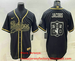 Men's Las Vegas Raiders #28 Josh Jacobs Black Gold Team Big Logo With Patch Cool Base Stitched Baseball Jersey