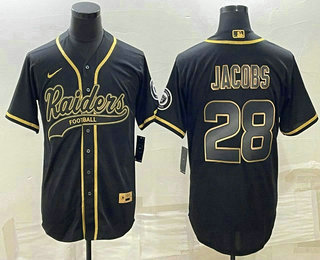 Men's Las Vegas Raiders #28 Josh Jacobs Black Gold With Patch Cool Base Stitched Baseball Jersey