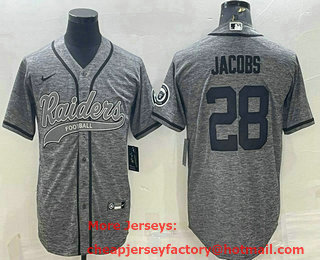 Men's Las Vegas Raiders #28 Josh Jacobs Grey Gridiron With Patch Cool Base Stitched Baseball Jersey