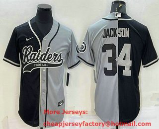 Men's Las Vegas Raiders #34 Bo Jackson Black Grey Split With Patch Cool Base Stitched Baseball Jersey