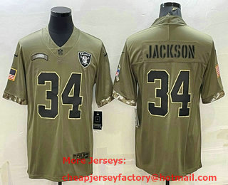 Men's Las Vegas Raiders #34 Bo Jackson Olive 2022 Salute To Service Limited Stitched Jersey