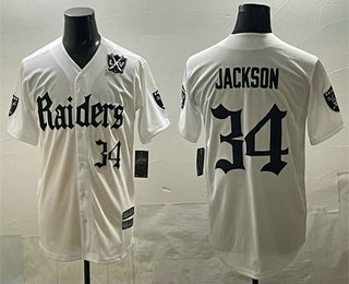 Men's Las Vegas Raiders #34 Bo Jackson White 65TH Patch Limited Fashion Baseball Jersey