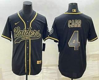 Men's Las Vegas Raiders #4 Derek Carr Black Gold With Patch Cool Base Stitched Baseball Jersey