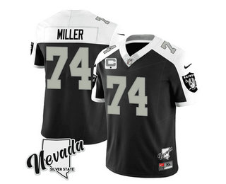 Men's Las Vegas Raiders #74 Kolton Miller Black White 2023 FUSE C patch Stitched Jersey