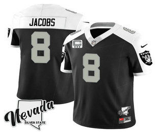 Men's Las Vegas Raiders #8 Josh Jacobs Black White 2023 FUSE Nevada Silver Stat With 3-Star C patch Stitched Jersey