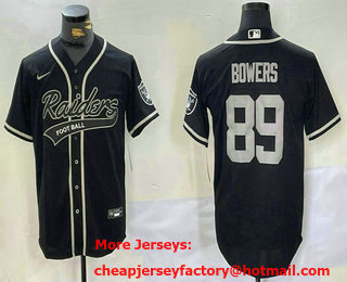 Men's Las Vegas Raiders #89 Brock Bowers Black With Patch Cool Base Stitched Baseball Jersey 001