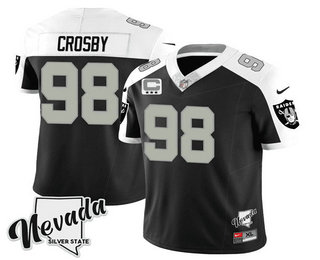 Men's Las Vegas Raiders #98 Maxx Crosby Black White 2023 FUSE C patch Stitched Jersey