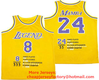 Men's Legend #8 #24 Black Mamba Yellow Classic Fashion Jersey