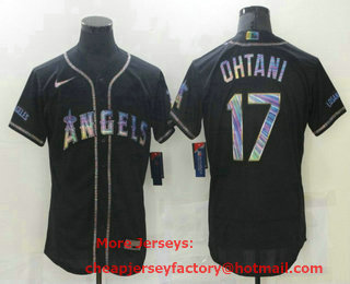 Men's Los Angeles Angels #17 Shohei Ohtani Black Colorful Stitched Flex Base Nike Jersey